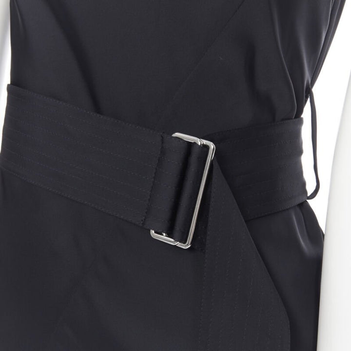 VICTORIA BECKHAM 2018 Runway black satin leather collar belted dress UK8 S