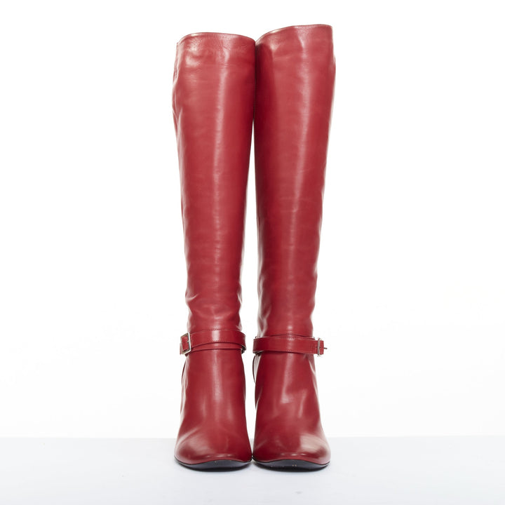 ROGER VIVIER red calfskin leather silver square buckles block heel boots EU37.5