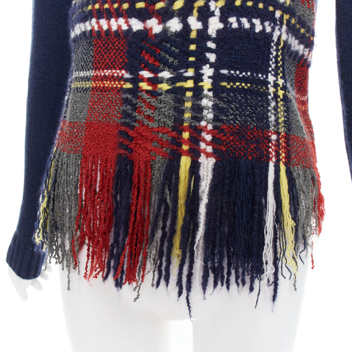 DIOR navy red plaid tartan cashmere silk fringe hem sweater FR36 S