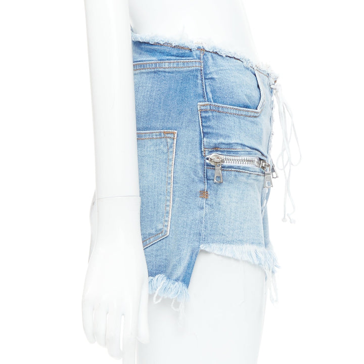 UNRAVEL PROJECT blue washed denim white laced front cut off shorts 25"