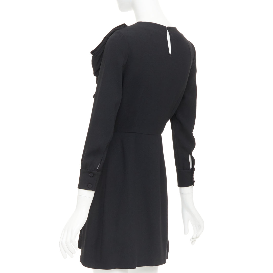 SAINT LAURENT 2014 black crepe draped bow front pleated  mini dress FR36 S
