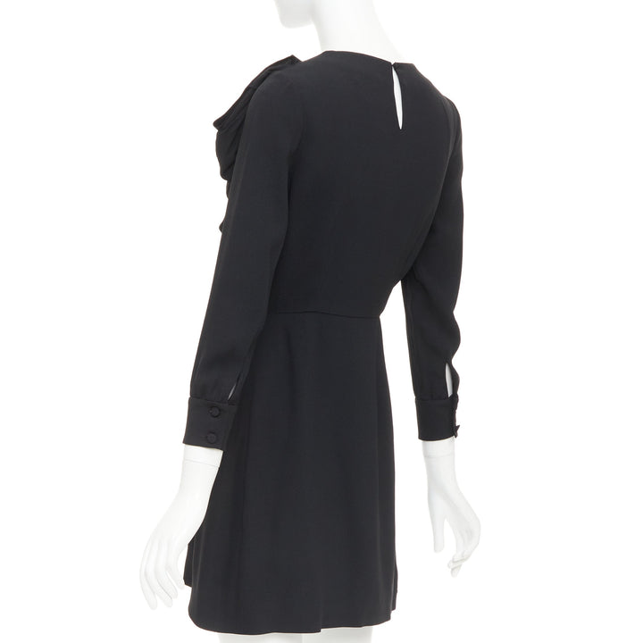 SAINT LAURENT 2014 black crepe draped bow front pleated  mini dress FR36 S