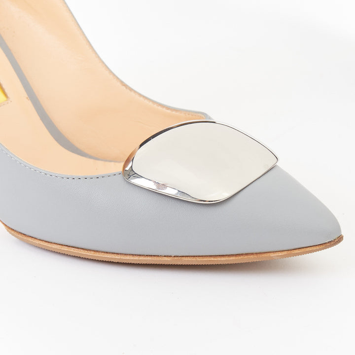 RUPERT SANDERSON Nada grey leather silver pebble plaque stiletto pumps EU39.5