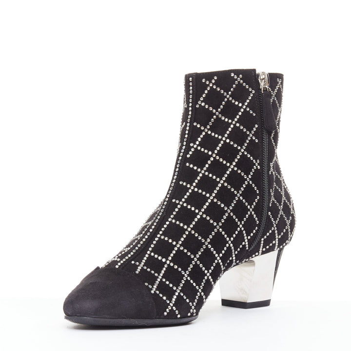 CHANEL 2019 black kid suede silver crystal CC logo acrylic heel boots EU37