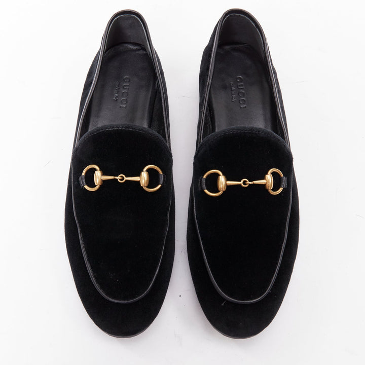 GUCCI Jordaan black velvet gold horsebit buckles leather trim loafer EU37.5