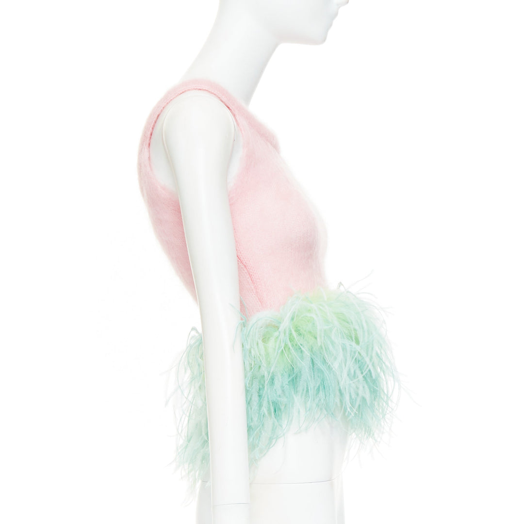 SAINT LAURENT 2022 Runway pink mohair wool green feather hem crop sweater M