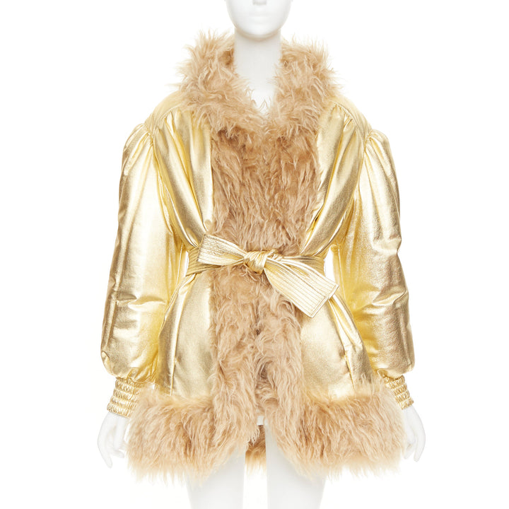 MIU MIU 2019 gold lambskin brown mohair shaggy fur collar robe coat IT36 XXS