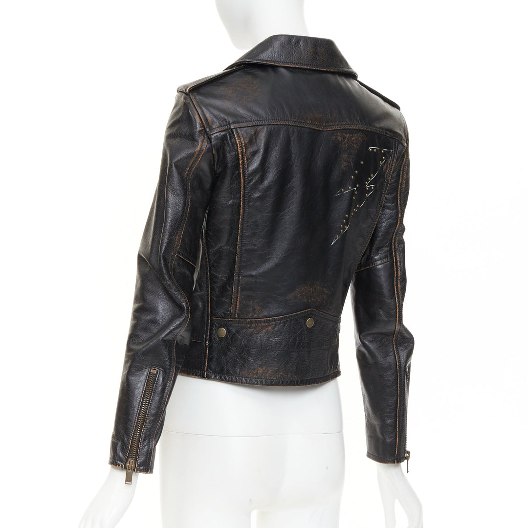 SAINT LAURENT 2017 Thunder Studded brown distressed calfskin moto jacket FR38 M