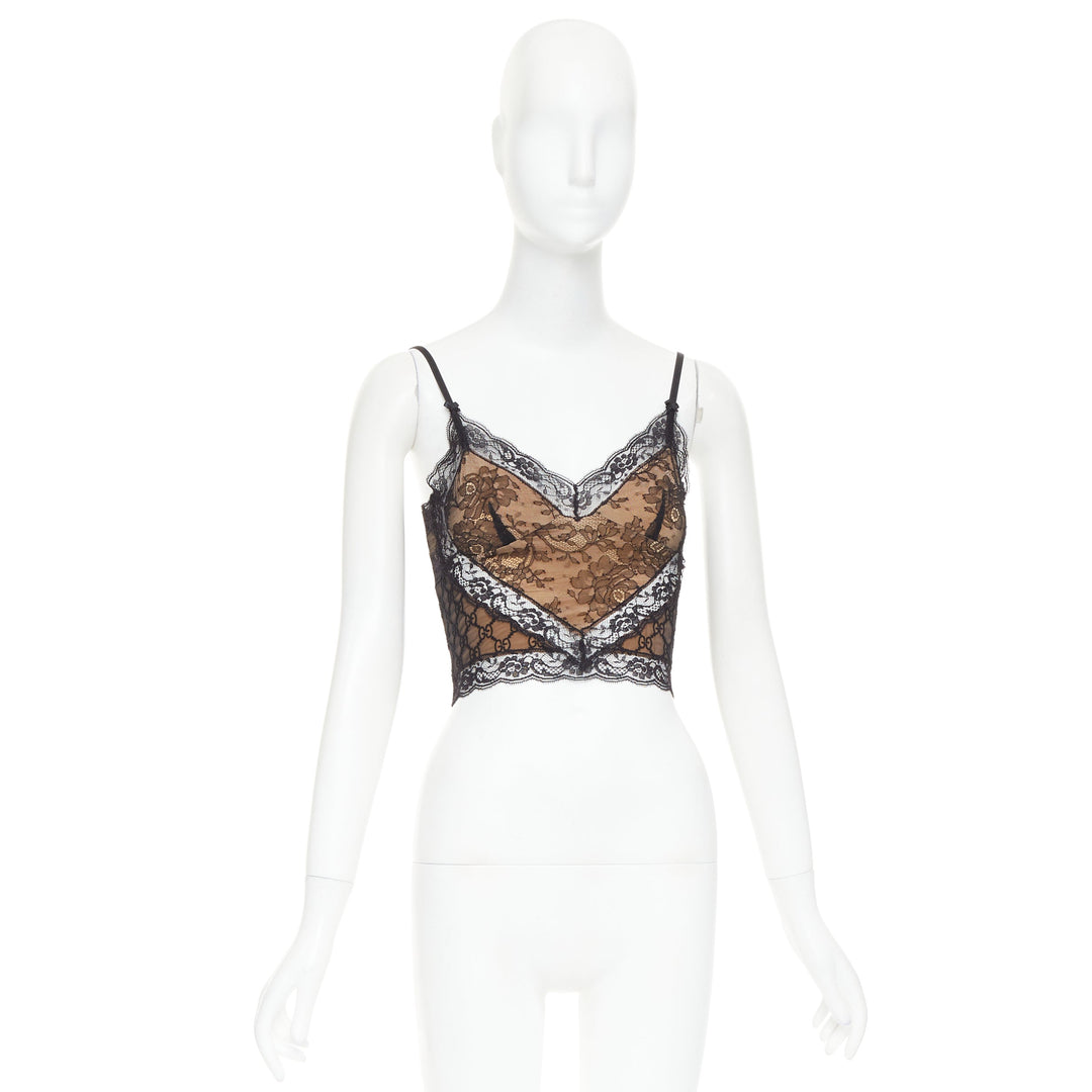 GUCCI 2023 Runway GG monogram stretch lace cropped cami top XS