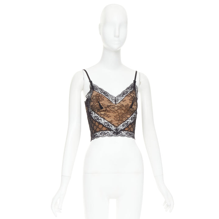 GUCCI 2023 Runway GG monogram stretch lace cropped cami top XS