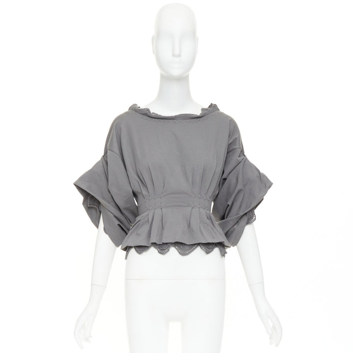 YVES SAINT LAURENT Stefano Pilati grey mesh ruffle ruched smocked peplum top M