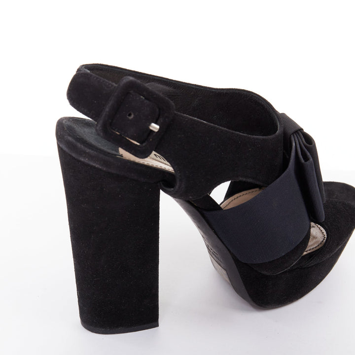 MIU MIU black suede grosgrain origami bow chunky platform heels EU35