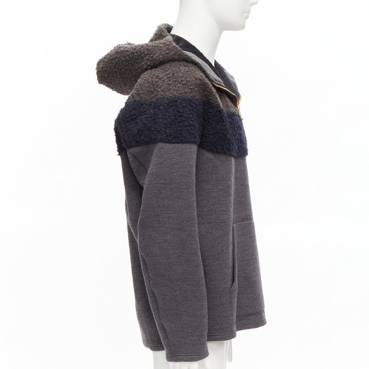 KOLOR grey navy wool blend colorblock dolman sleeve half zip hoodie JP5 XXL