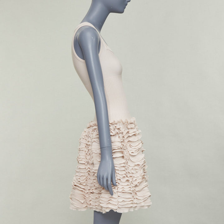 ALAIA pink beige wool blend square neck tiered ruffle cocktail dress FR36 S