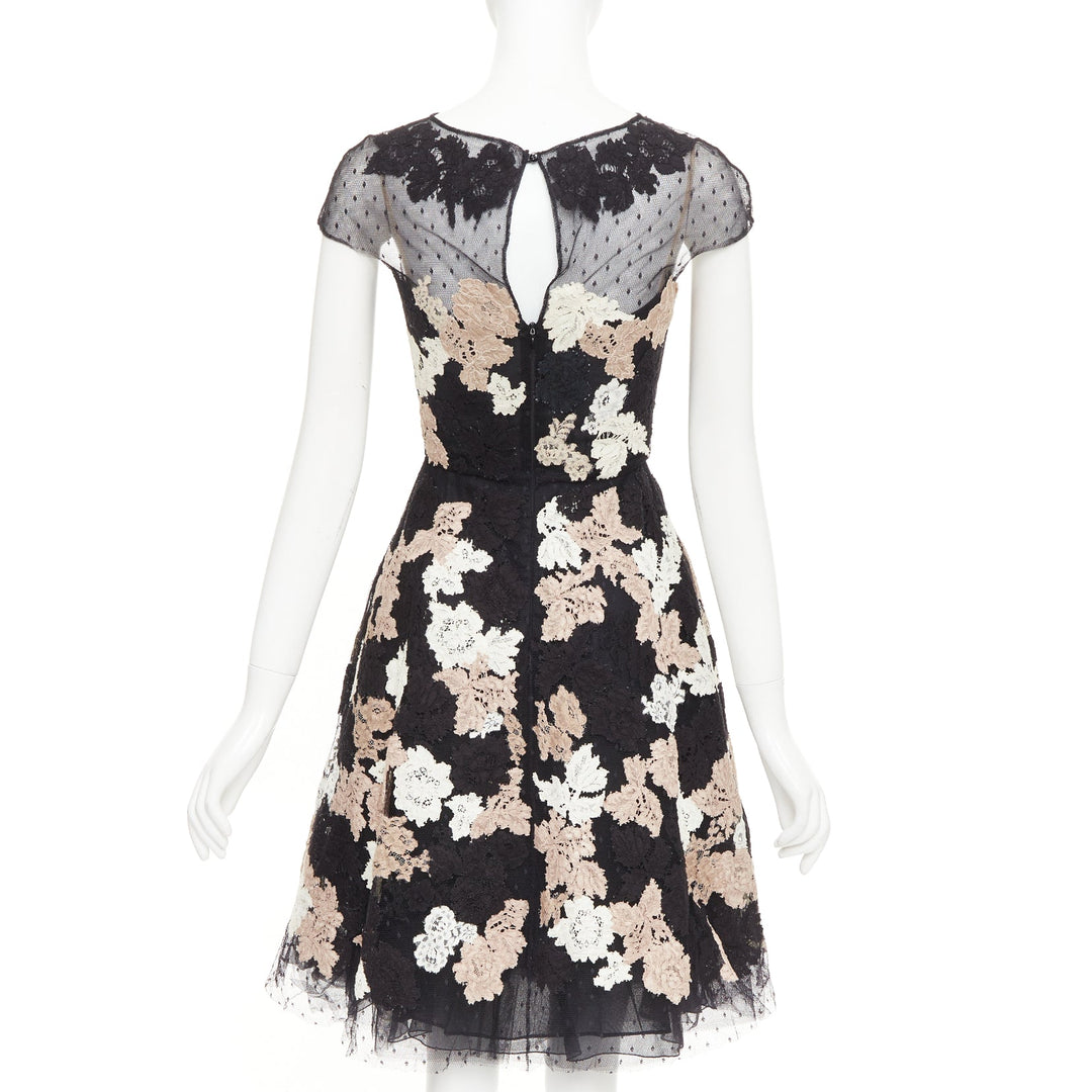 VALENTINO 2013 Runway black ivory beige lace Point d'Esprit sheer midi dress