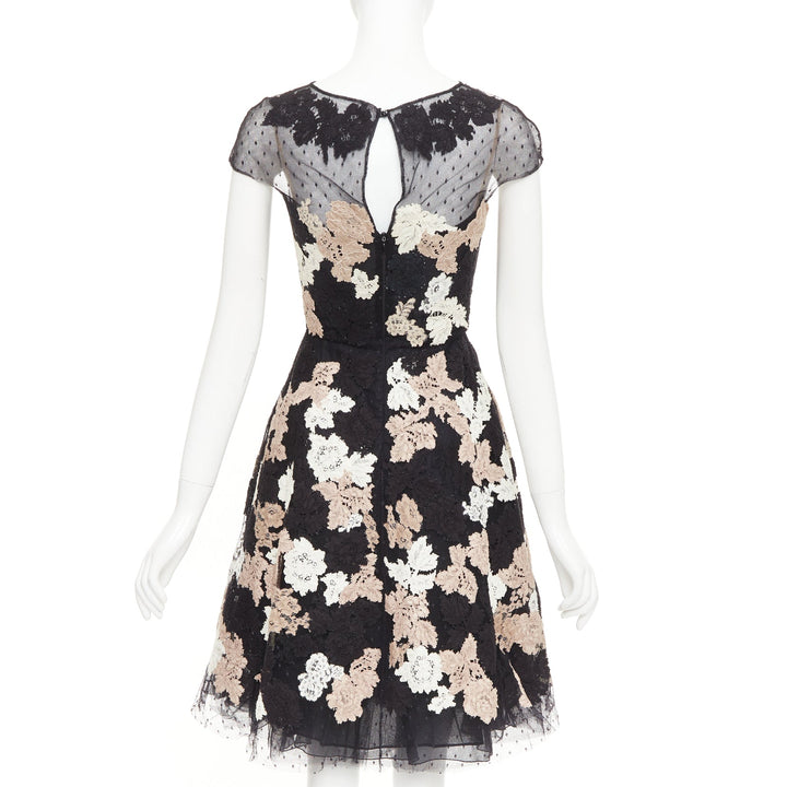 VALENTINO 2013 Runway black ivory beige lace Point d'Esprit sheer midi dress