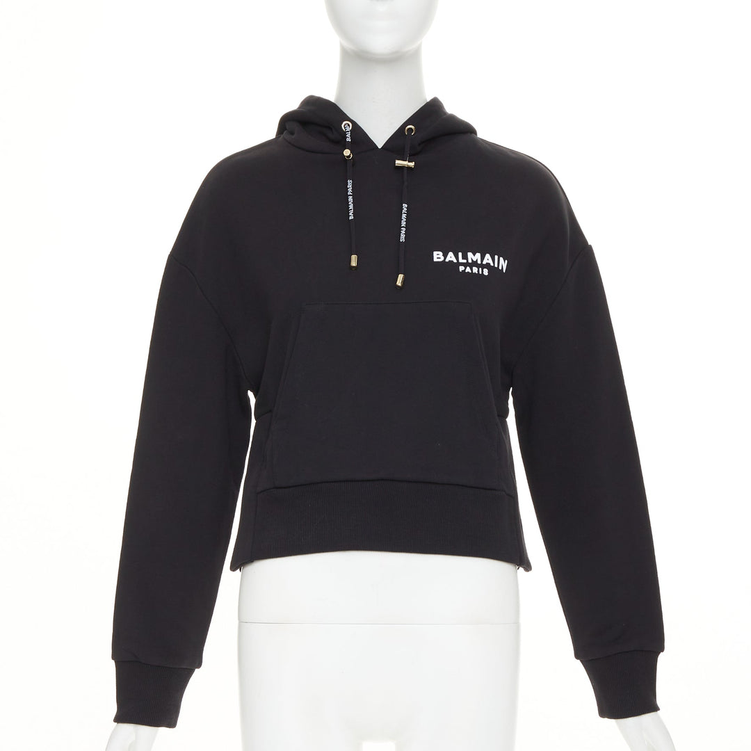 BALMAIN black cotton white flocked felt logo print side split fleece hoodie XS