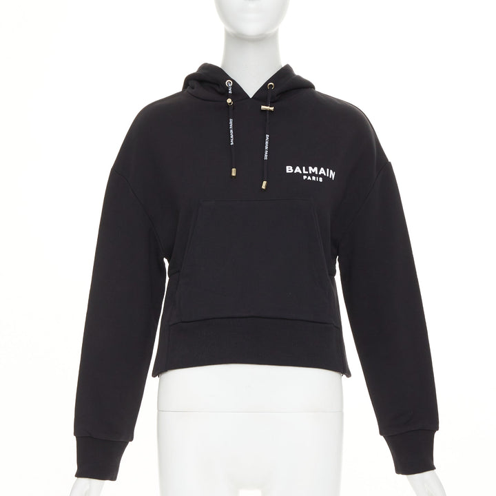 BALMAIN black cotton white flocked felt logo print side split fleece hoodie XS