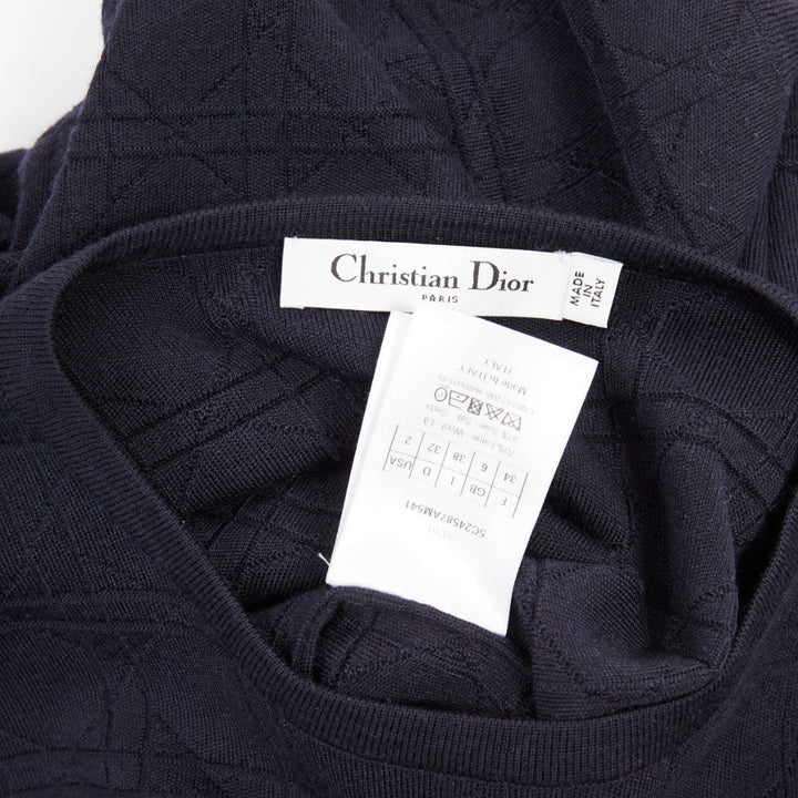 DIOR Macrocannage navy geometric jacquard wool silk blend knit sweater FR34 XS