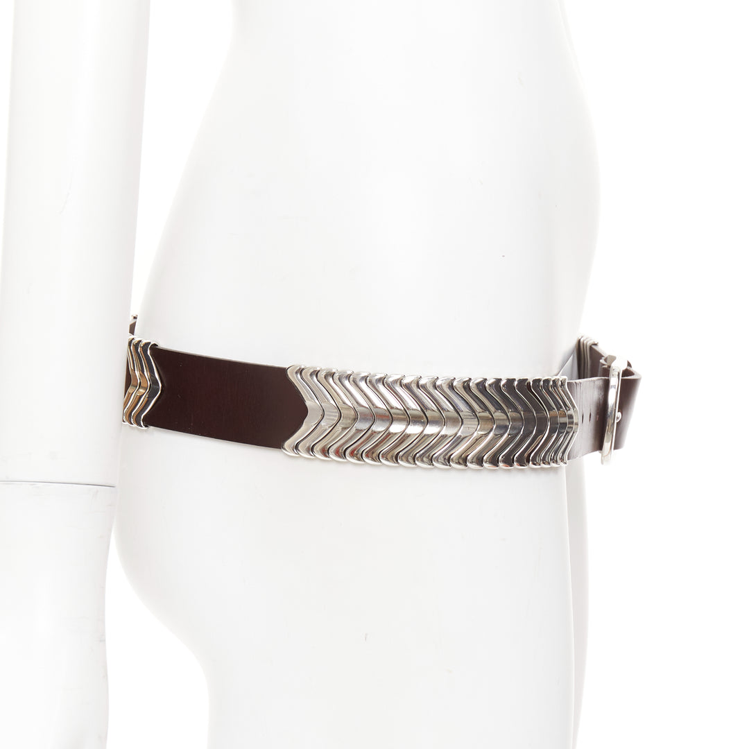 ISABEL MARANT 2021 Tehora dark brown calfskin leather silver chevron belt 85cm