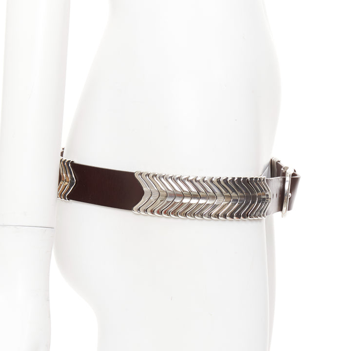 ISABEL MARANT 2021 Tehora dark brown calfskin leather silver chevron belt 85cm