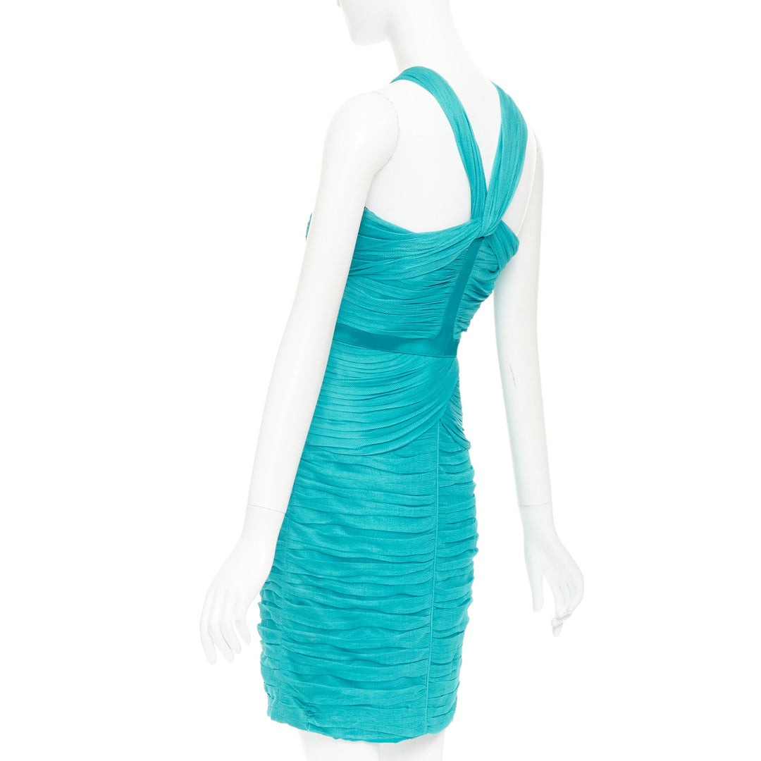 BURBERRY teal blue silk pleated satin front halter mini dress