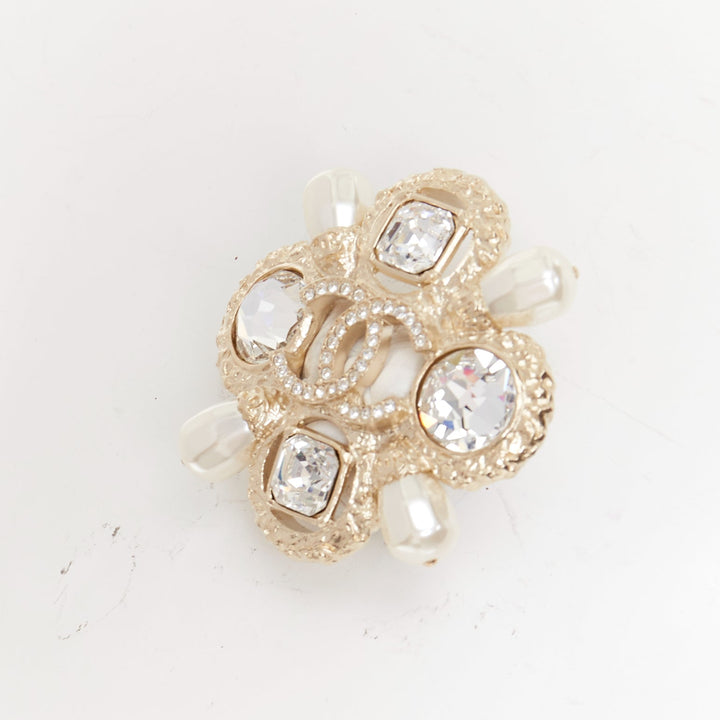 CHANEL F22C champagne gold tone CC logo crystal pearl quadrant cluster brooch