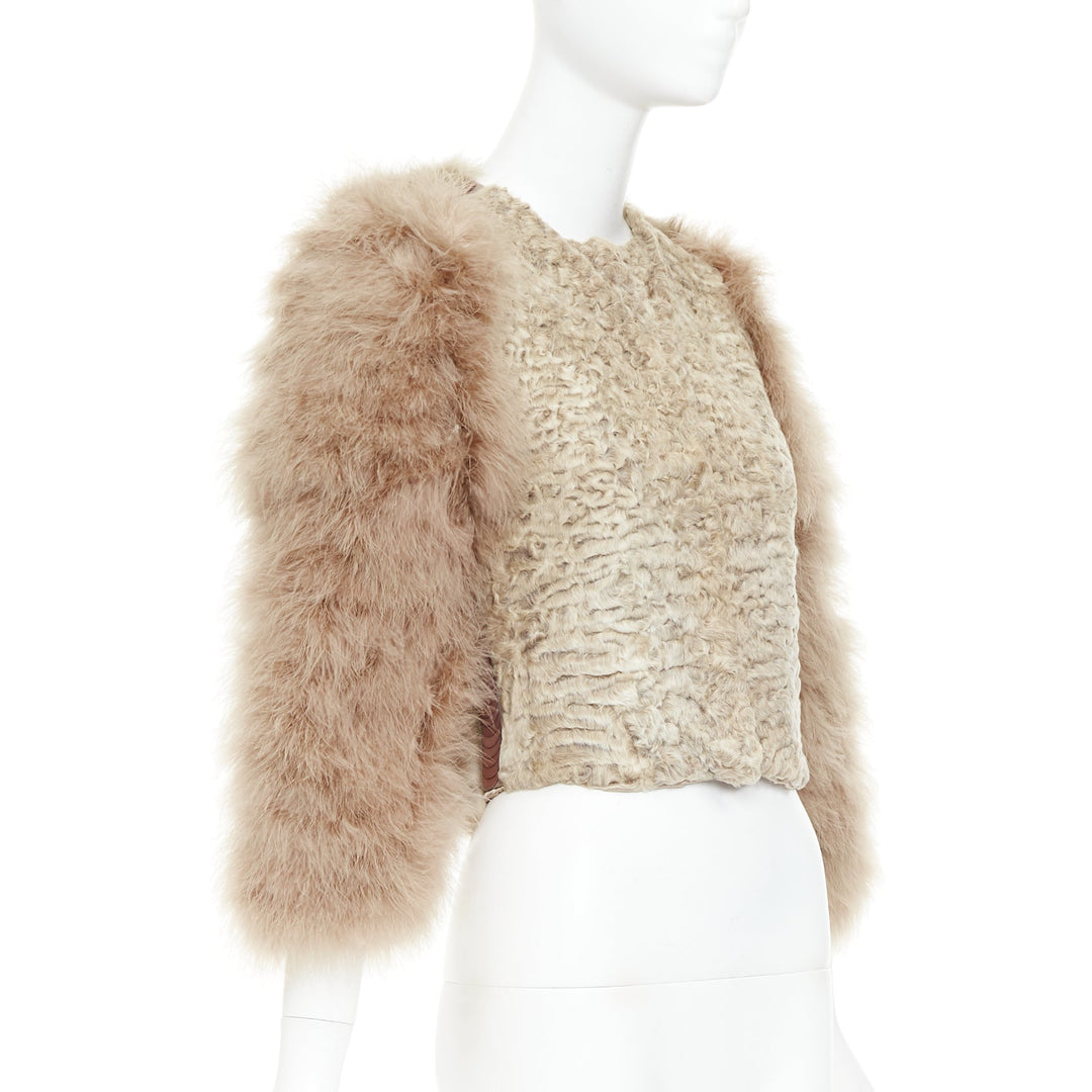 rare GIVENCHY beige Astrakan fur feather sleeves cropped bolero jacket