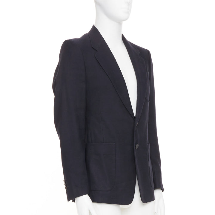 DRIES VAN NOTEN navy black linen cotton patch pocket notch lapel blazer EU46 S