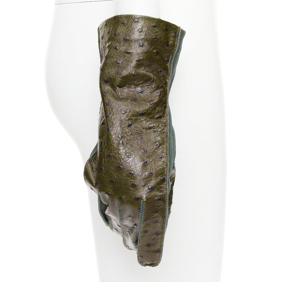 BOTTEGA VENETA dark green ostrich-effect buf goatskin cashmere lined gloves Sz.8