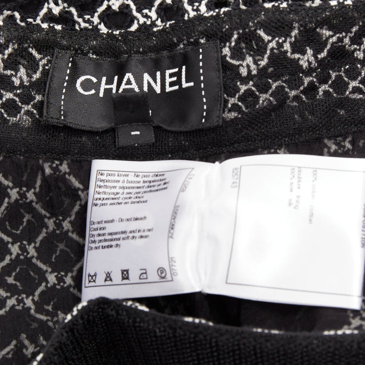 CHANEL black white geometric honeycomb guipure crochet knit wide pants FR42 XL