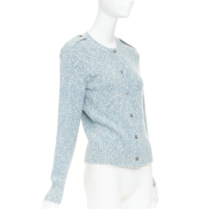 CHANEL blue melange cashmere CC turnlock buttons cardigan sweater FR36 S