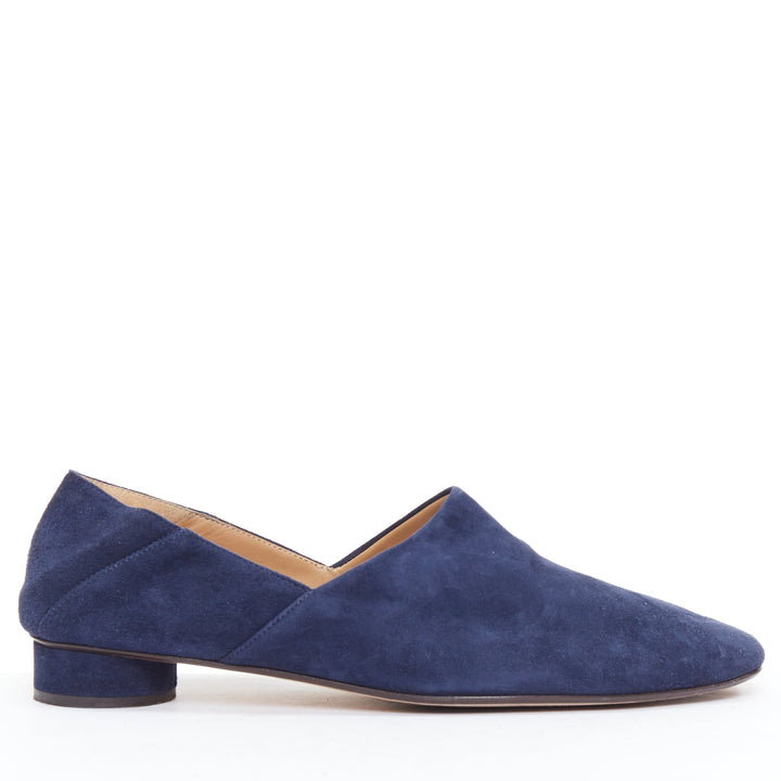 THE ROW Noelle navy suede collapsible heel block heel loafers EU38