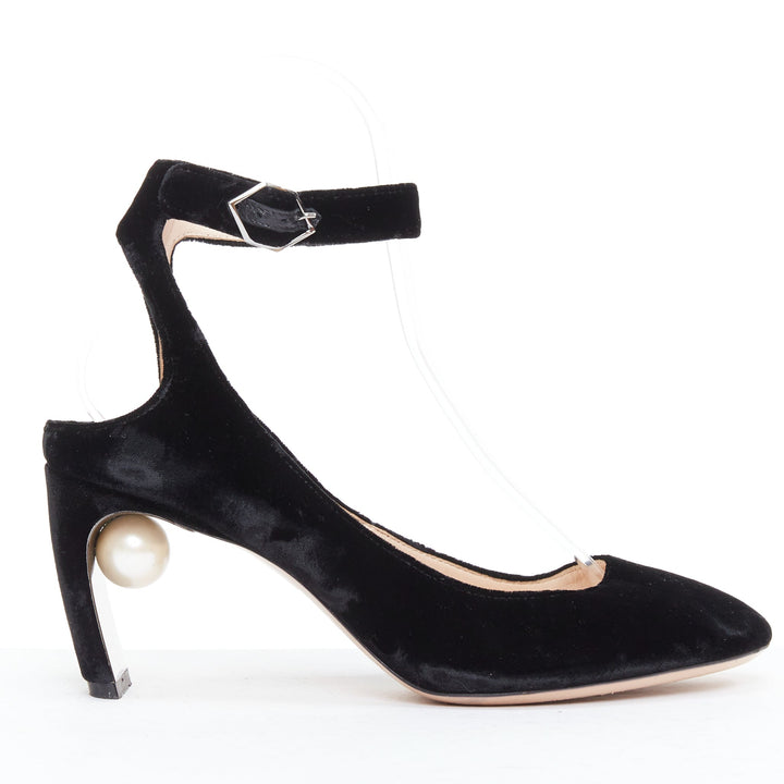 NICHOLAS KIRKWOOD Lola black velvet pearl heel slingback pumps EU38