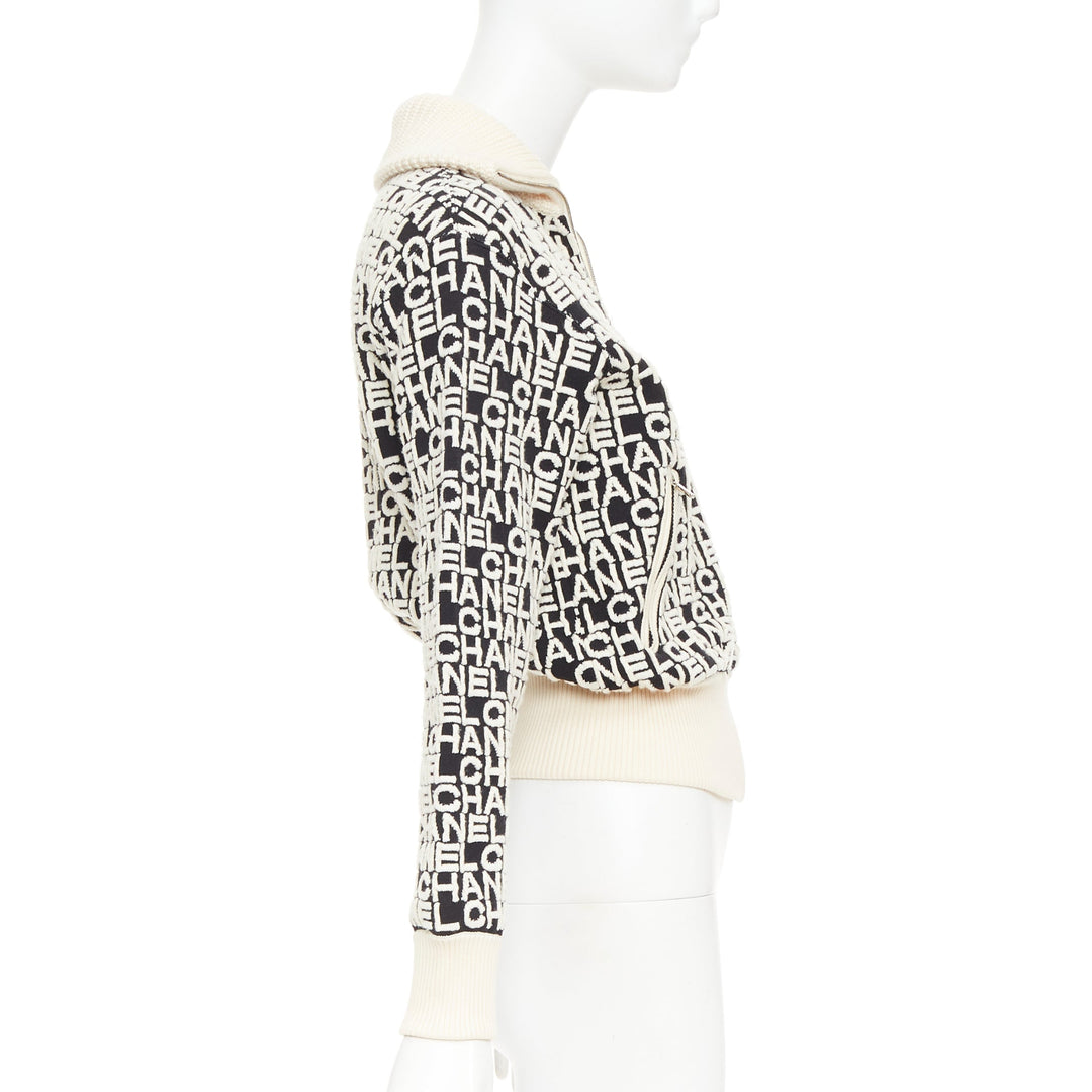CHANEL 19A Coco Neige embossed monogram jacquard cropped bomber jacket FR34 XS