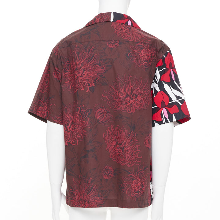 PRADA 2021 Runway Double Match red iris burgundy floral split bowling shirt L