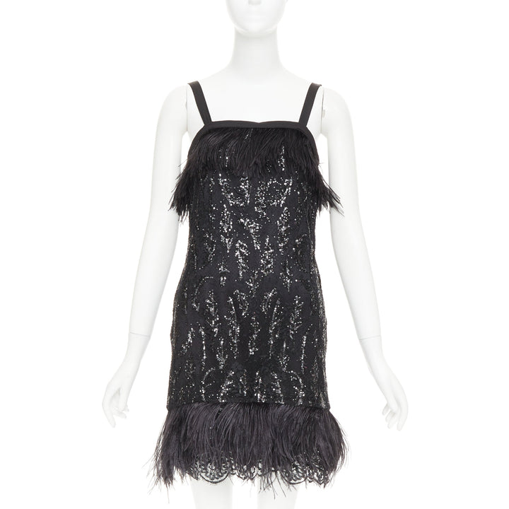 rare PRADA 2014 black sequinned lace ostrich feather strappy mini dress IT38 XS