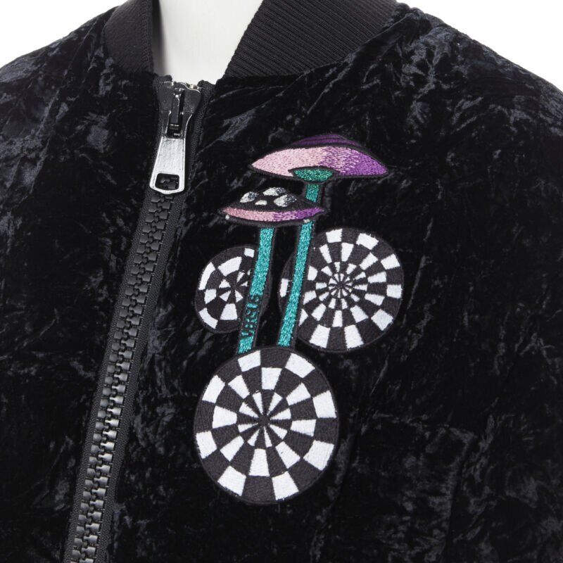 VERSUS VERSACE embroidery black crushed velvet belted puffer jacket IT38