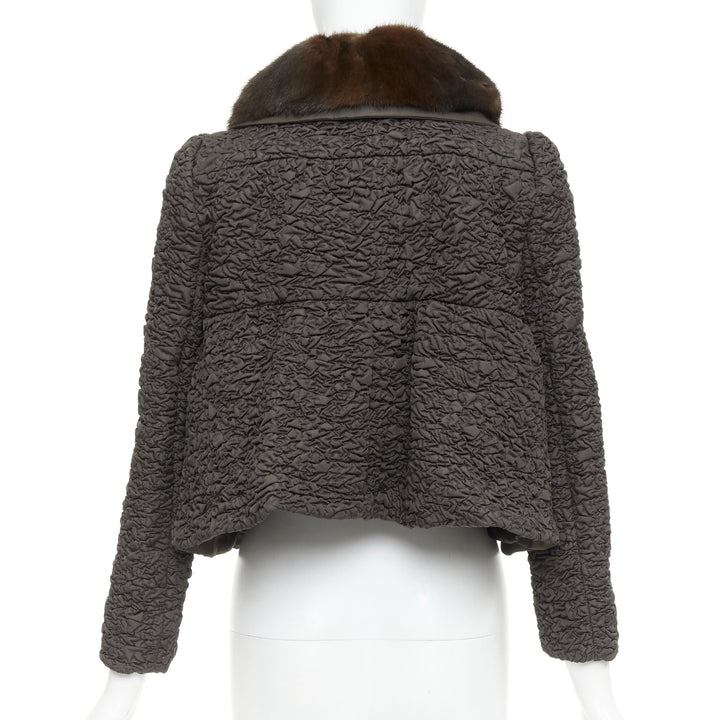 PRADA 2010 brown mink fur collar crinkled quilted puff sleeve jacket IT40 S