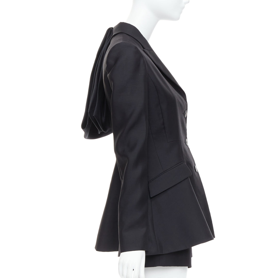 CHRISTIAN DIOR black virgin wool silk applique bar jacket shorts set FR38 M