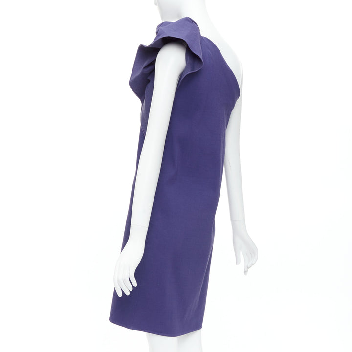 LANVIN 2015 deep purple linen one shoulder ruffle dress FR38 M