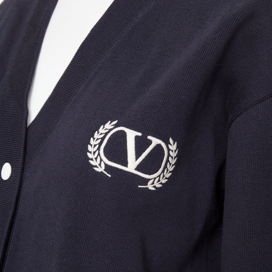 VALENTINO 2022 Vlogo Crest Laurel Crest navy white embroidery varsity cardigan S