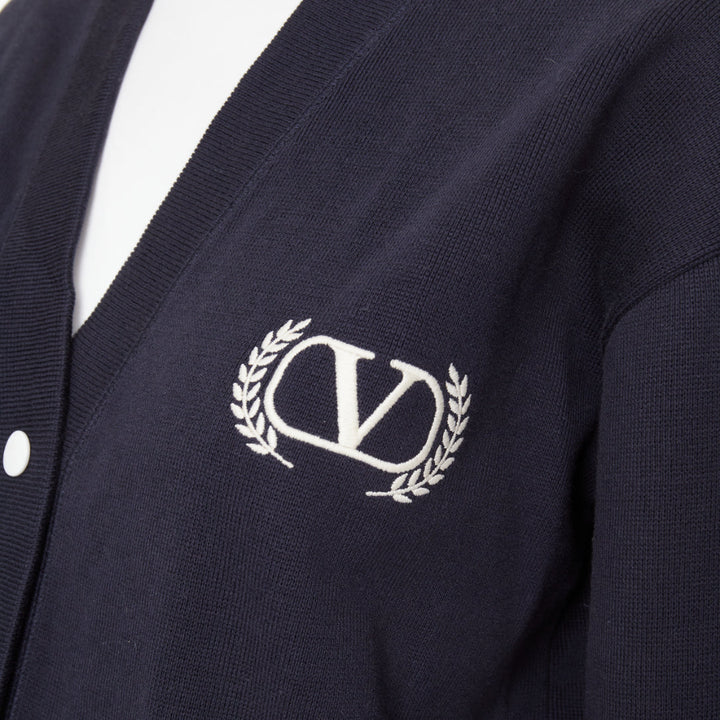 VALENTINO 2022 Vlogo Crest Laurel Crest navy white embroidery varsity cardigan S