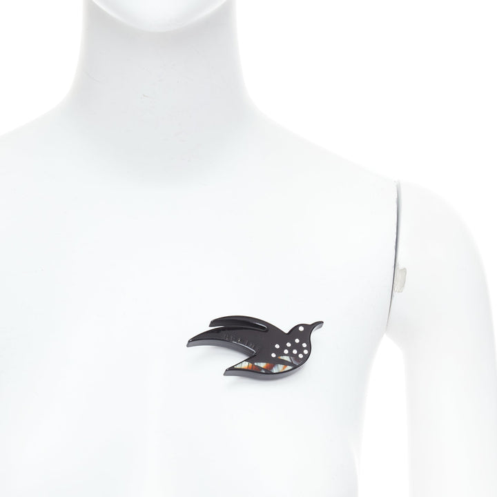 CELINE Vintage black acrylic clear crystal bird large pin brooch