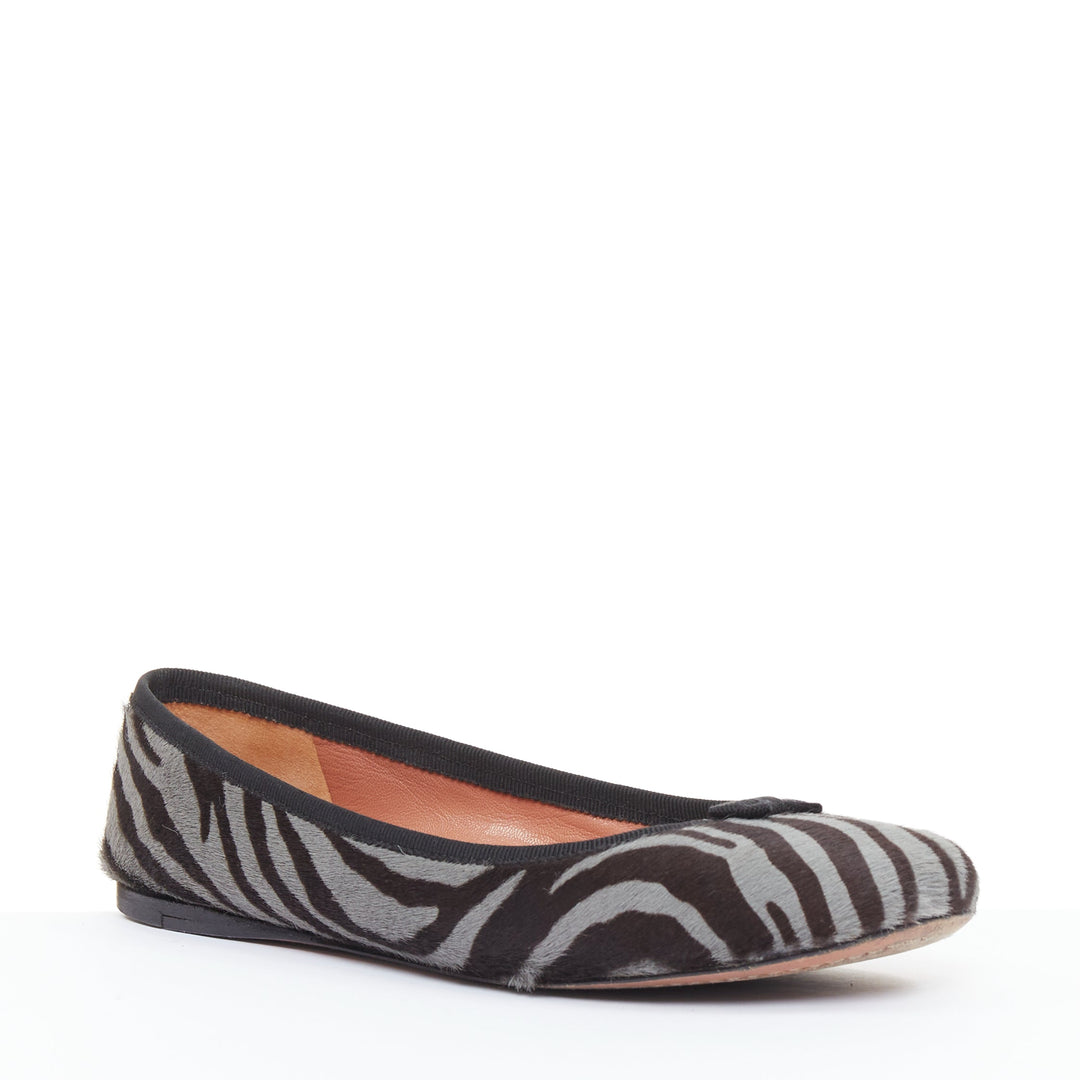 ALAIA grey black calf hair zebra print black grosgrain bow ballet flats EU37