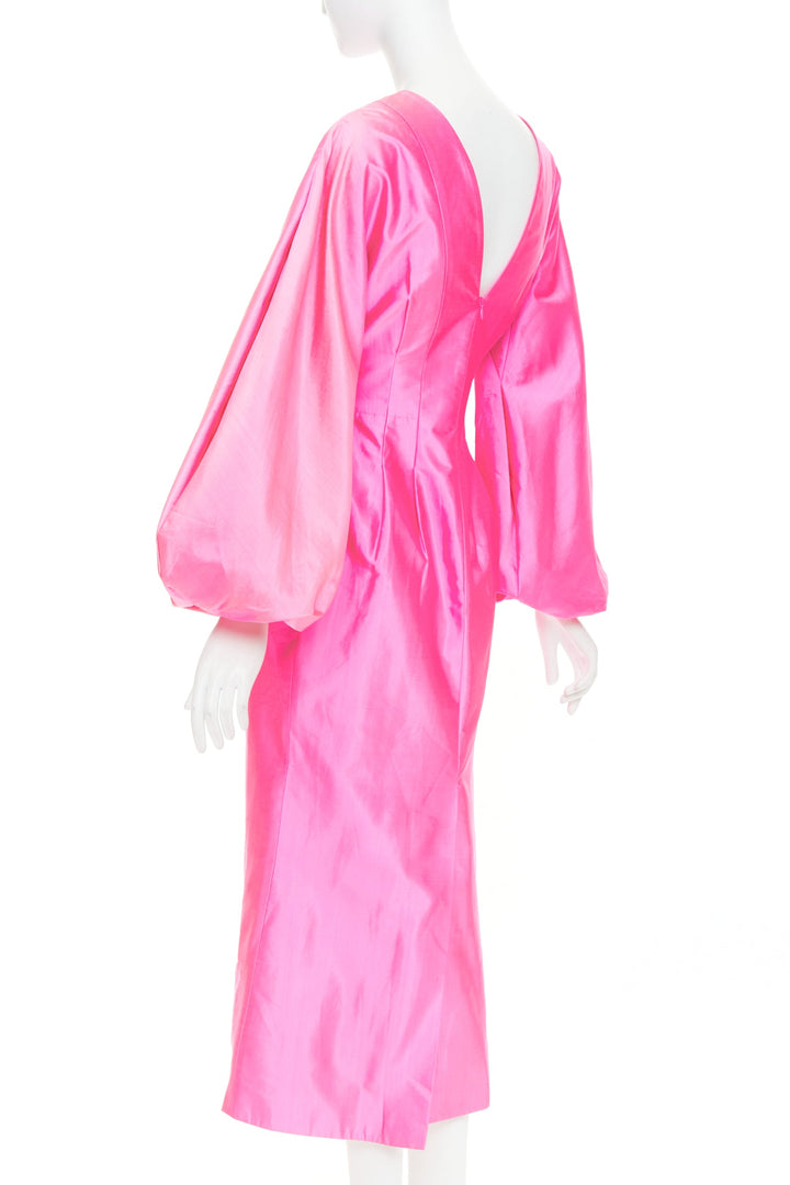 ROSARIO hot pink 100% silk shiny puff sleeves cinched waist midi dress FR36 S