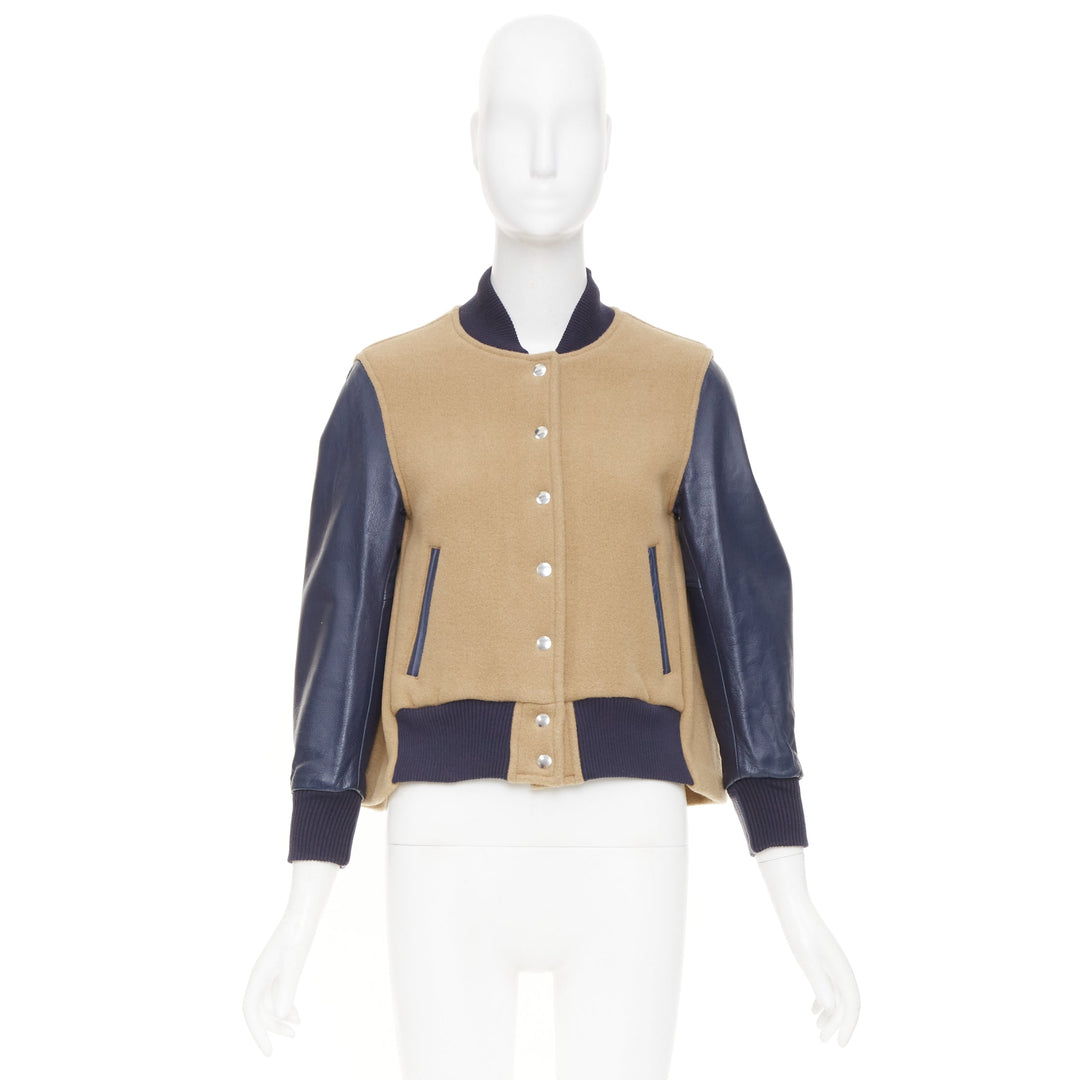 SACAI LUCK camel wool leather sleeve flared collegiate bomber jacket JP1 S