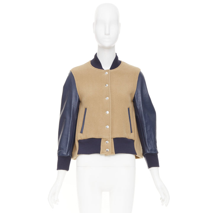 SACAI LUCK camel wool leather sleeve flared collegiate bomber jacket JP1 S