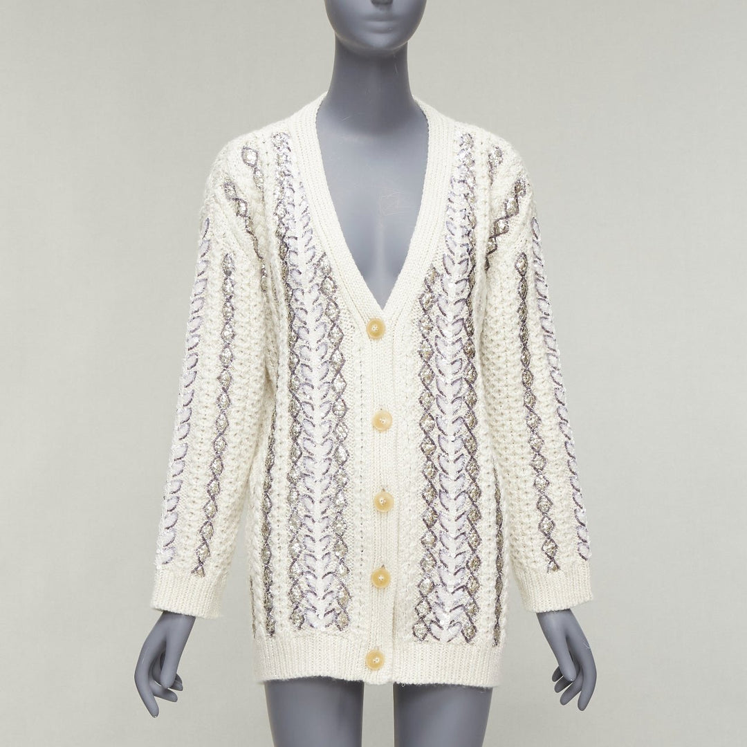 VALENTINO 2023 cream silver wool sequin logo embellished cardigan IT36 S