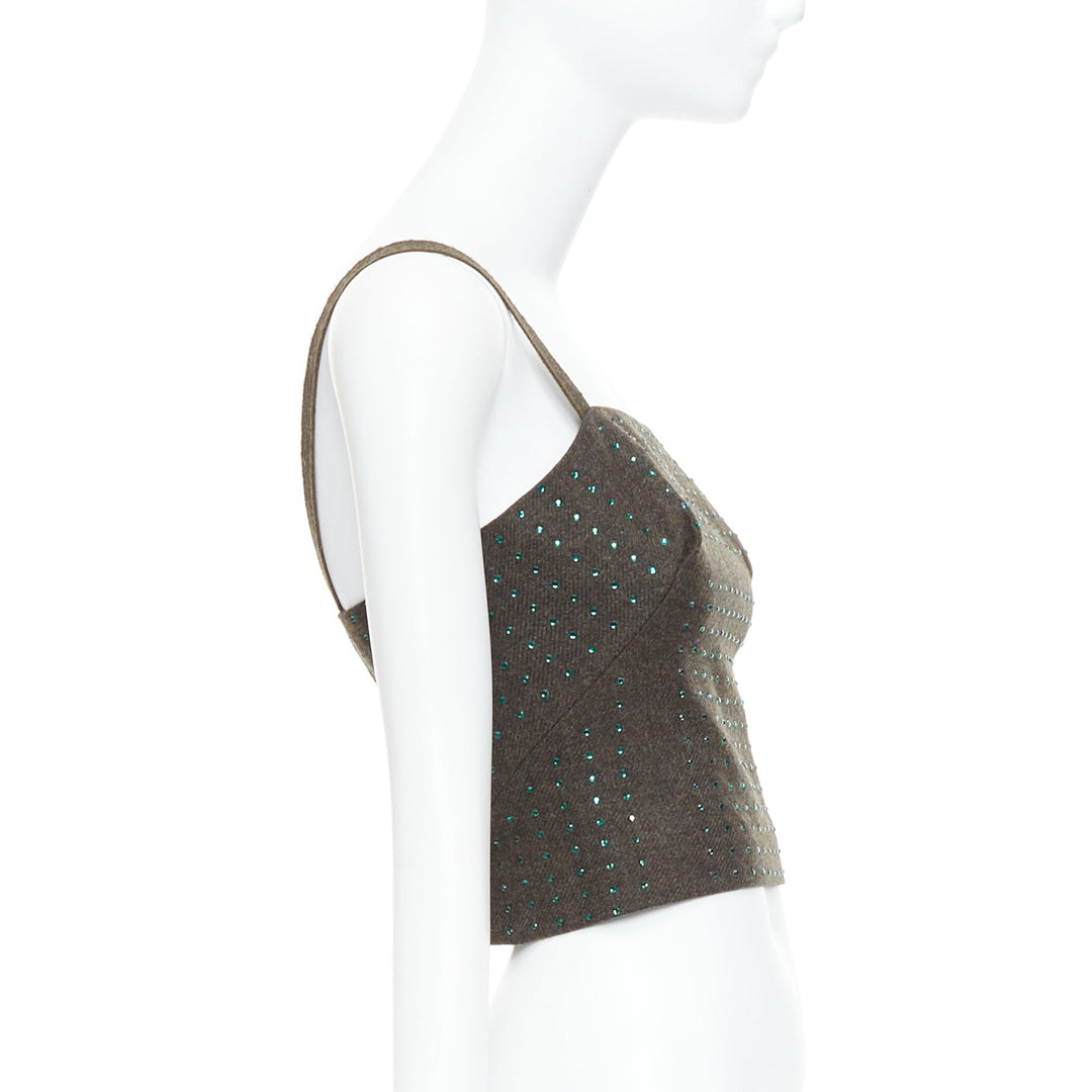 MIU MIU Vintage 1998 Runway fleece wool green crystal bustier top IT38 XS